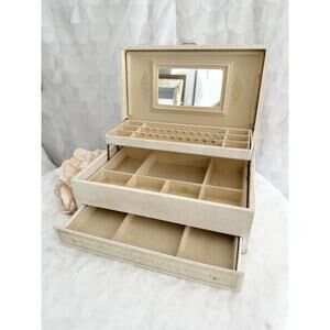 Mele Large Cream Jewelry Box Gold Accents 3 Tier Organizer USA Faux Leather